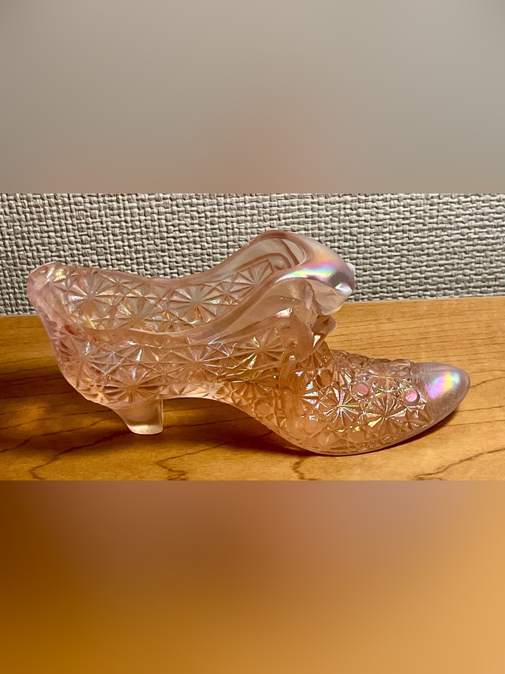 Fenton Iridescent Pink Pressed-Glass Heeled Shoe